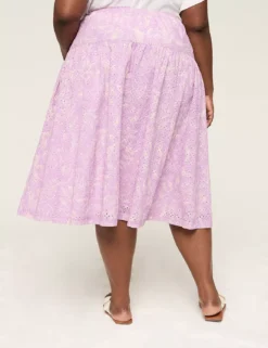 Printed Eyelet Midi Skirt Purple Floral