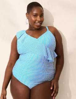 No-Wire Ruffle-Front One-Piece White French Blue Seersucker 7 No-Wire Ruffle-Front One-Piece White French Blue Seersucker -Lanebryant Shop 411209 0000114070