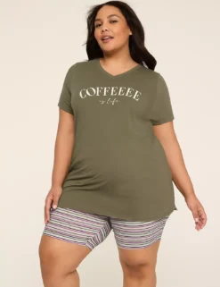 Comfy Cotton Tunic Tee & Bike Short PJ Set Coffeeee Graphic Kalamata -Lanebryant Shop 411373 0000115367