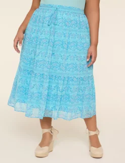 Drawstring-Waist Tiered Midi Skirt Blue Paisley 7 Drawstring-Waist Tiered Midi Skirt Blue Paisley -Lanebryant Shop 411457 0000114360