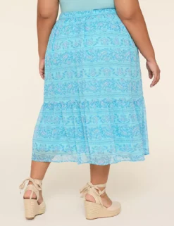 Drawstring-Waist Tiered Midi Skirt Blue Paisley