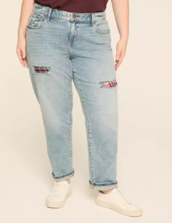 Boyfriend Fit Plaid-Detail Jean Medium Denim -Lanebryant Shop 412025 0000012013