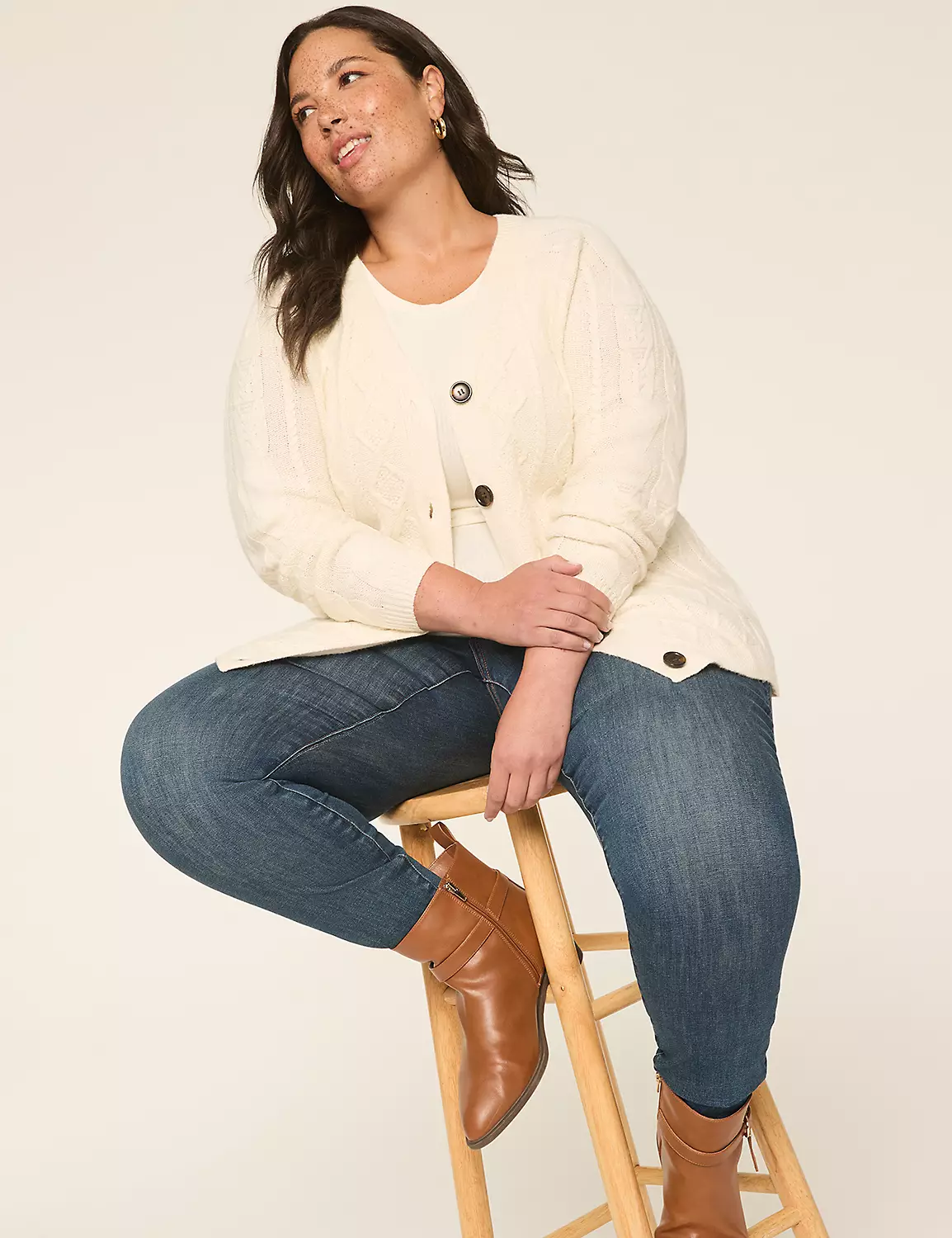 Cable Knit Button-Front Cardigan Cream 4 Cable Knit Button-Front Cardigan Cream - Image 2