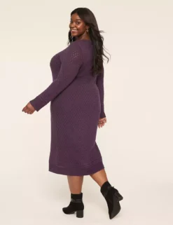 Long-Sleeve Pointelle Sweater Midi Dress Grape