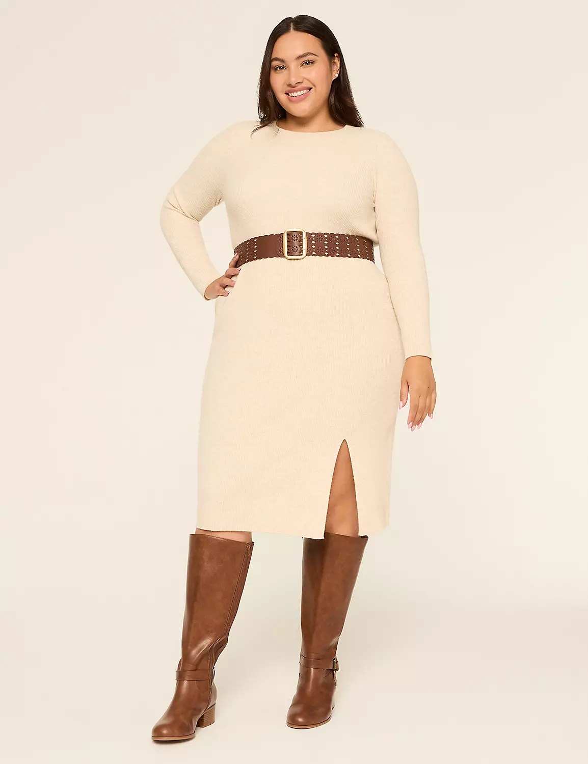 Long-Sleeve Front-Slit Rib Sweater Dress Oatmeal 5 Long-Sleeve Front-Slit Rib Sweater Dress Oatmeal - Image 3