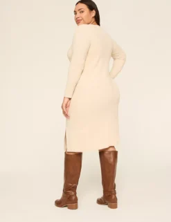 Long-Sleeve Front-Slit Rib Sweater Dress Oatmeal
