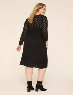 Faux-Wrap Pointelle Sweater Midi Dress Black