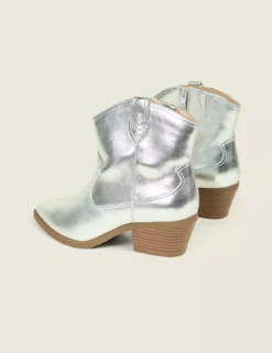 Dream Cloud Shimmery Foiled Western Ankle Bootie Silver