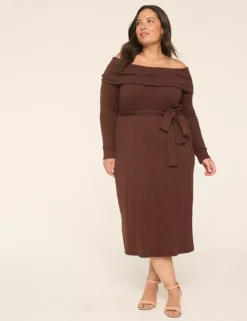 Off-The-Shoulder Sweater Midi Dress Coffee 9 Off-The-Shoulder Sweater Midi Dress Coffee -Lanebryant Shop 412669 0000028109