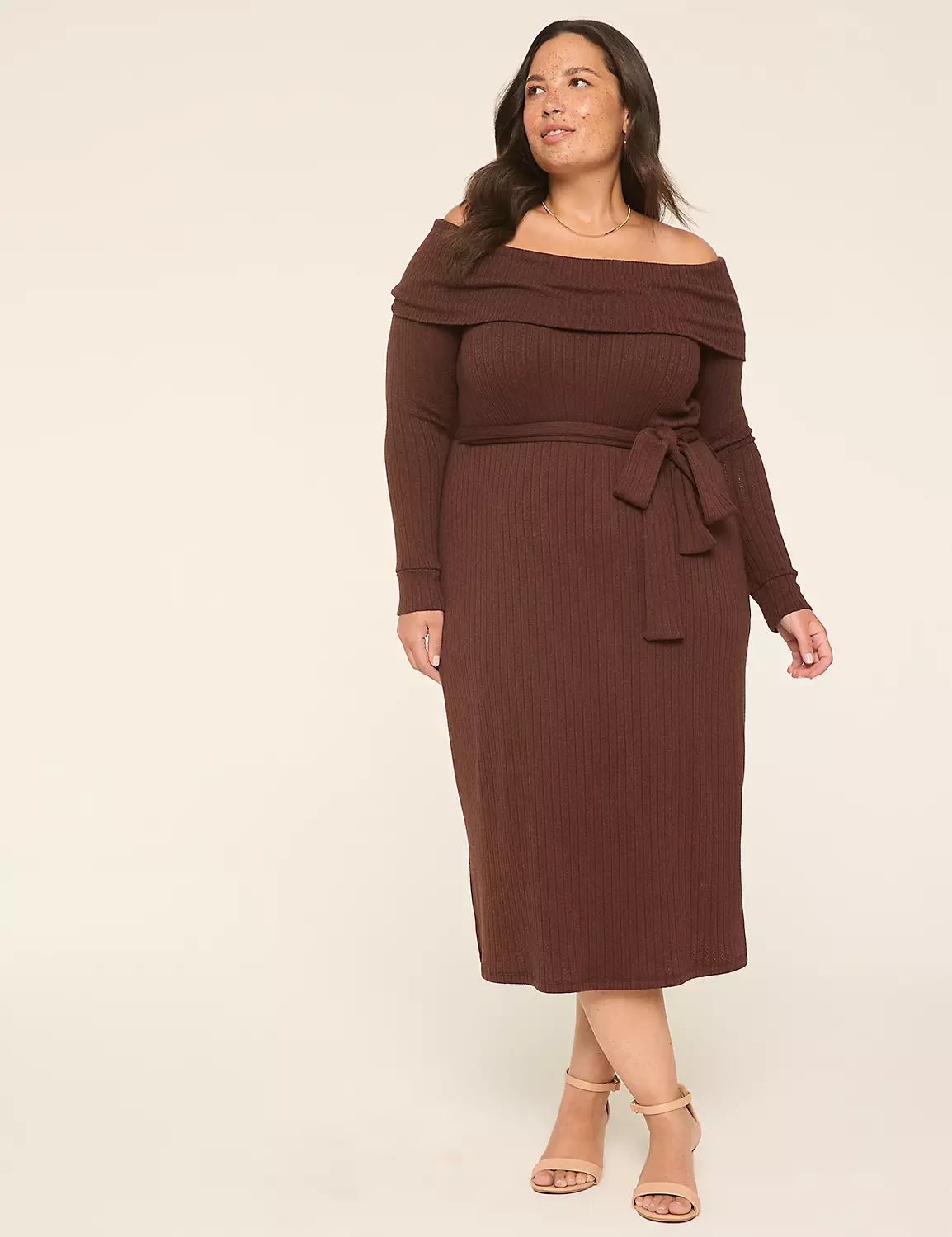 Off-The-Shoulder Sweater Midi Dress Coffee 6 Off-The-Shoulder Sweater Midi Dress Coffee - Image 4