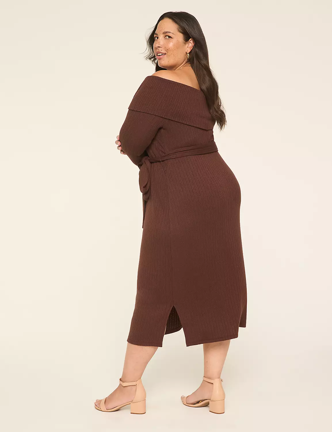 Off-The-Shoulder Sweater Midi Dress Coffee 3 Off-The-Shoulder Sweater Midi Dress Coffee