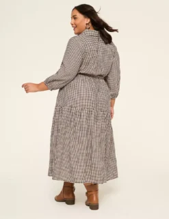 Elbow-Sleeve Maxi Shirt Dress Black Plaid