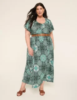 Flutter-Sleeve Elastic-Waist Maxi Dress Blue Medallion -Lanebryant Shop 412674 0000114792