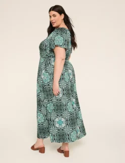 Flutter-Sleeve Elastic-Waist Maxi Dress Blue Medallion