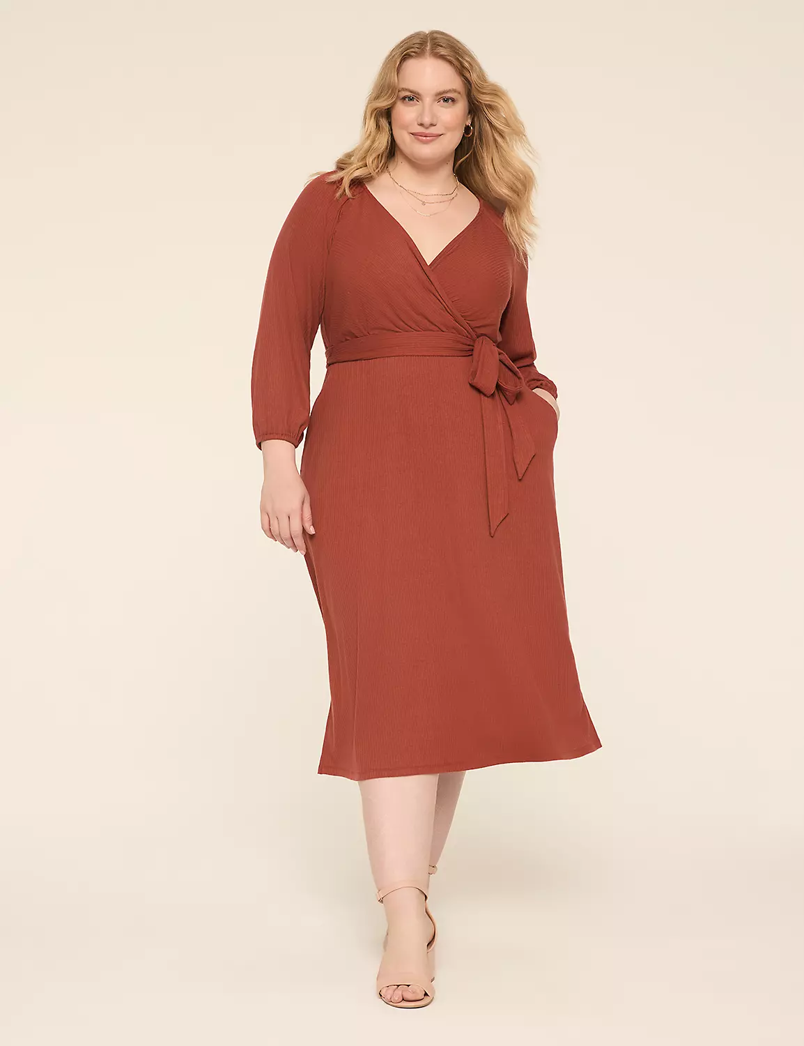 Rib Faux-Wrap Midi Dress Burnt Henna 5 Rib Faux-Wrap Midi Dress Burnt Henna - Image 3