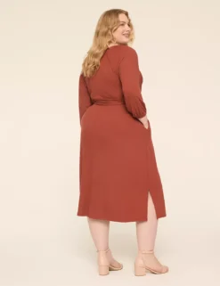 Rib Faux-Wrap Midi Dress Burnt Henna