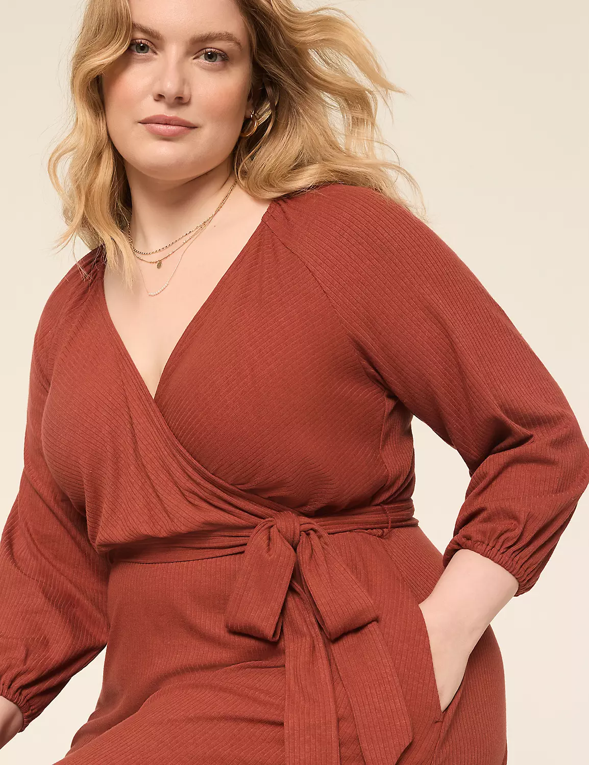 Rib Faux-Wrap Midi Dress Burnt Henna 4 Rib Faux-Wrap Midi Dress Burnt Henna - Image 2