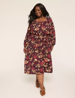Smocked Square-Neck Dress Maroon Floral 7 Smocked Square-Neck Dress Maroon Floral -Lanebryant Shop 412684 0000114798