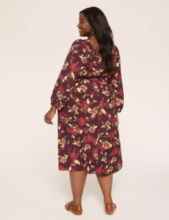 Smocked Square-Neck Dress Maroon Floral