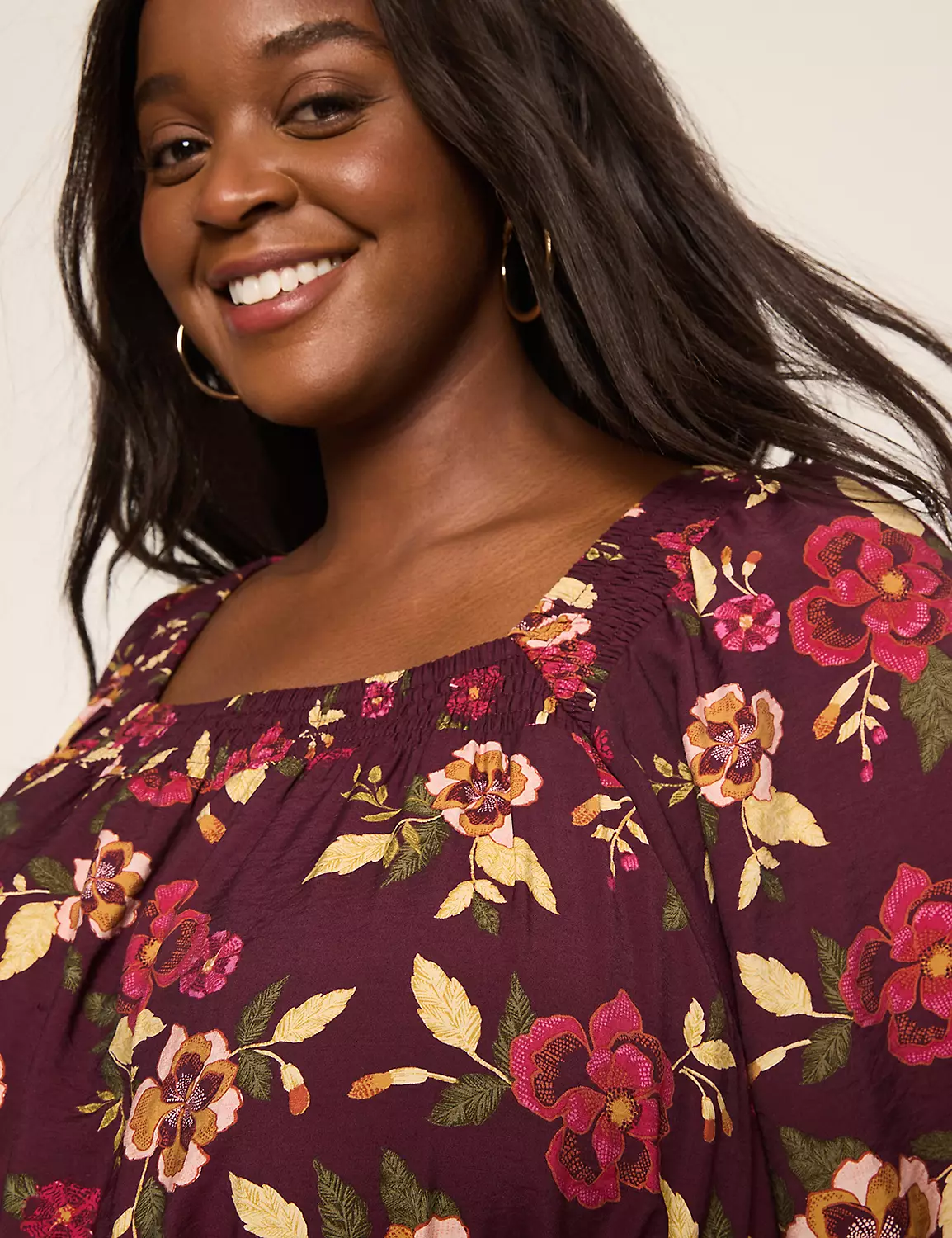 Smocked Square-Neck Dress Maroon Floral 4 Smocked Square-Neck Dress Maroon Floral - Image 2