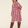 Long-Sleeve Popover Tie-Waist Dress Burgundy Plaid