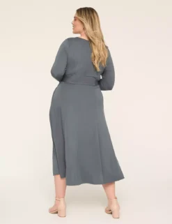 Lena Ponte Long-Sleeve Level-Hem Midi Dress Slate