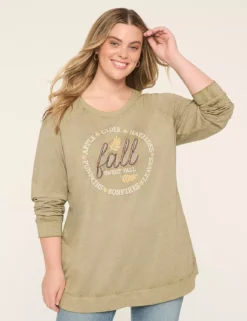 Fall Sweet Fall Long-Sleeve Graphic Tee Light Olive -Lanebryant Shop 412756 0000007798