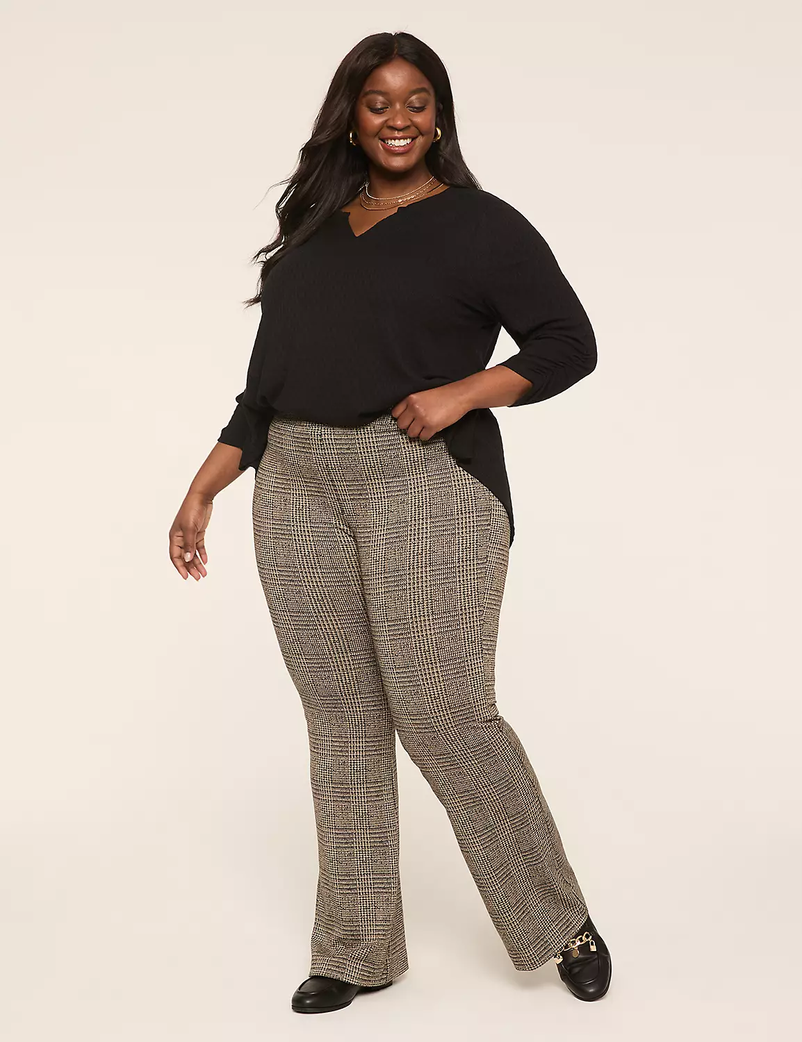 Ponte Pull-On High-Rise Flare Pant Tan & Black Plaid 4 Ponte Pull-On High-Rise Flare Pant Tan & Black Plaid - Image 2