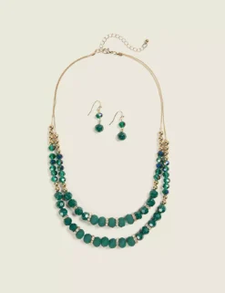 Green Multi-Row Necklace & Earring Set Green