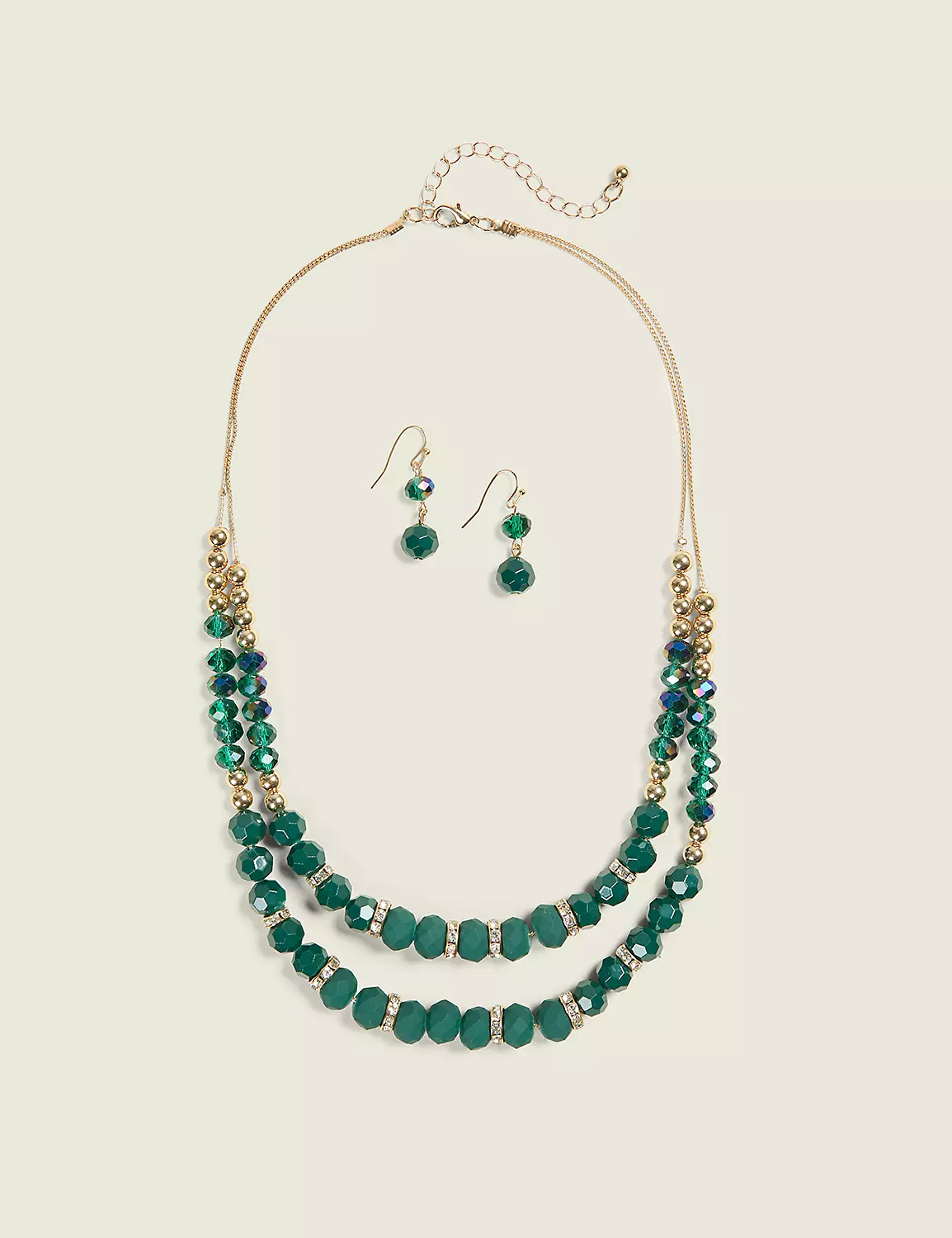 Green Multi-Row Necklace & Earring Set Green 3 Green Multi-Row Necklace & Earring Set Green