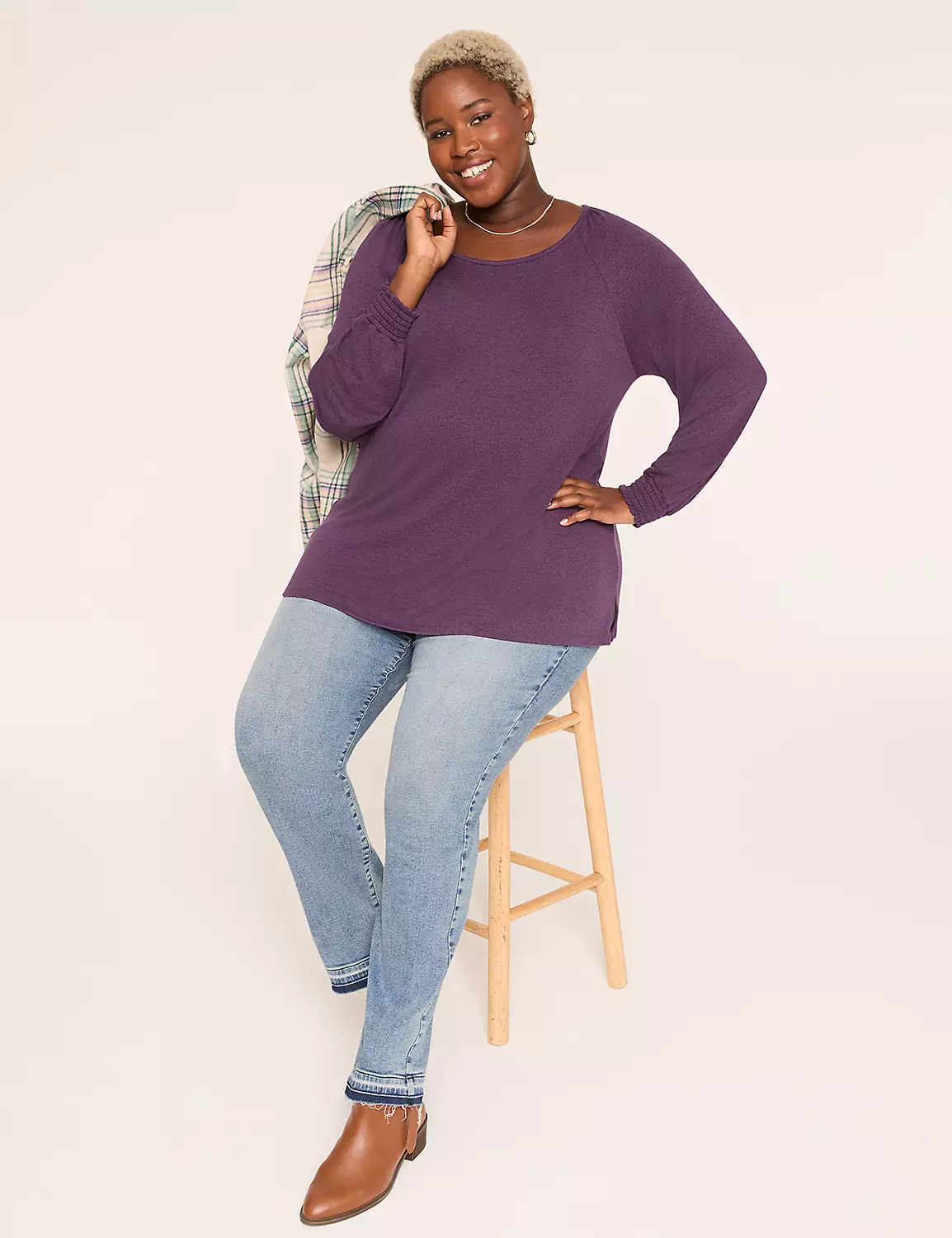 Smocked-Cuff Boatneck Hacci Top Grape 4 Smocked-Cuff Boatneck Hacci Top Grape - Image 2