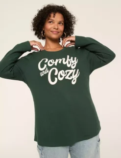 Waffle Knit Glitter Comfy & Cozy Graphic Tee Pine 9 Waffle Knit Glitter Comfy & Cozy Graphic Tee Pine -Lanebryant Shop 413039 0000008158