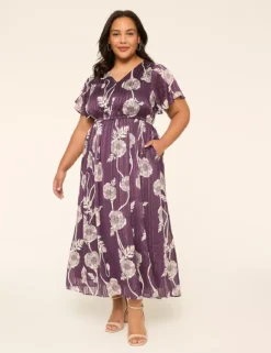 Lurex Flutter-Sleeve V-Neck Chiffon Maxi Dress Purple Poppy -Lanebryant Shop 413075 0000115252