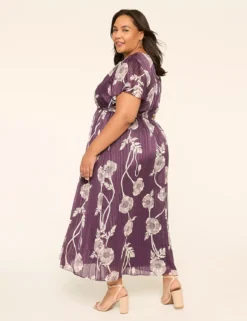 Lurex Flutter-Sleeve V-Neck Chiffon Maxi Dress Purple Poppy