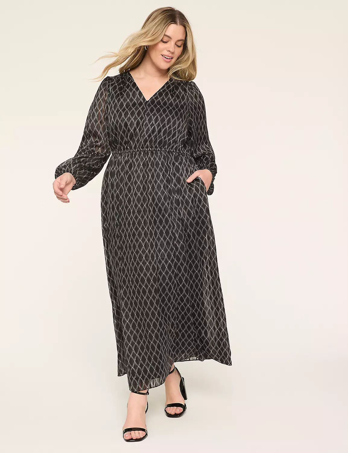 Lurex Long-Sleeve V-Neck Chiffon Maxi Dress Black Geo 5 Lurex Long-Sleeve V-Neck Chiffon Maxi Dress Black Geo - Image 3