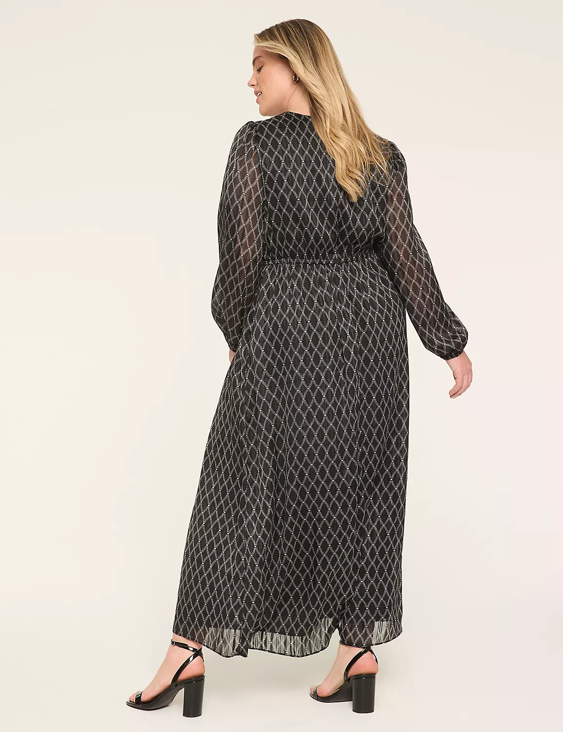 Lurex Long-Sleeve V-Neck Chiffon Maxi Dress Black Geo 3 Lurex Long-Sleeve V-Neck Chiffon Maxi Dress Black Geo