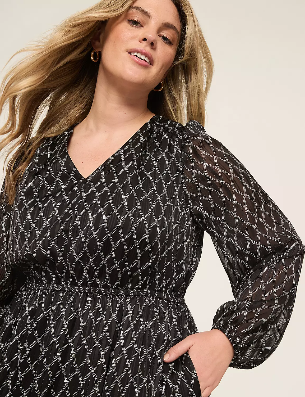 Lurex Long-Sleeve V-Neck Chiffon Maxi Dress Black Geo 4 Lurex Long-Sleeve V-Neck Chiffon Maxi Dress Black Geo - Image 2