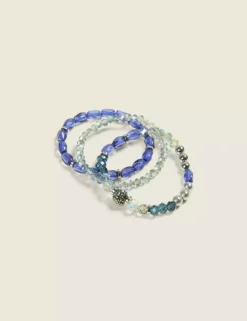 Blue & Silvertone Beaded Stretch Bracelet Pack Silver