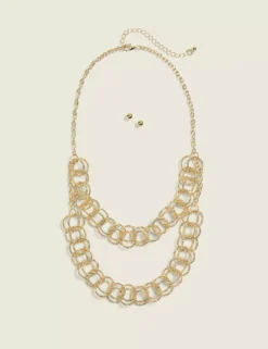 Circle Multi-Row Chain Necklace & Earring Set Gold