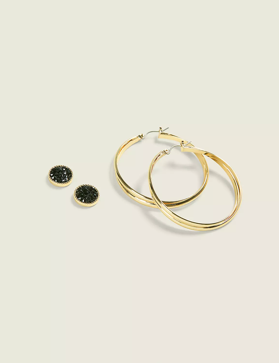 Goldtone Hoop & Black Druzy Earring Set Gold 3 Goldtone Hoop & Black Druzy Earring Set Gold