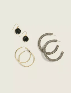 Grey & Pave Hoop Earring 3-Pack Gold