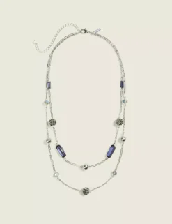 Blue & Silvertone Beaded Multi-Row Necklace Silver